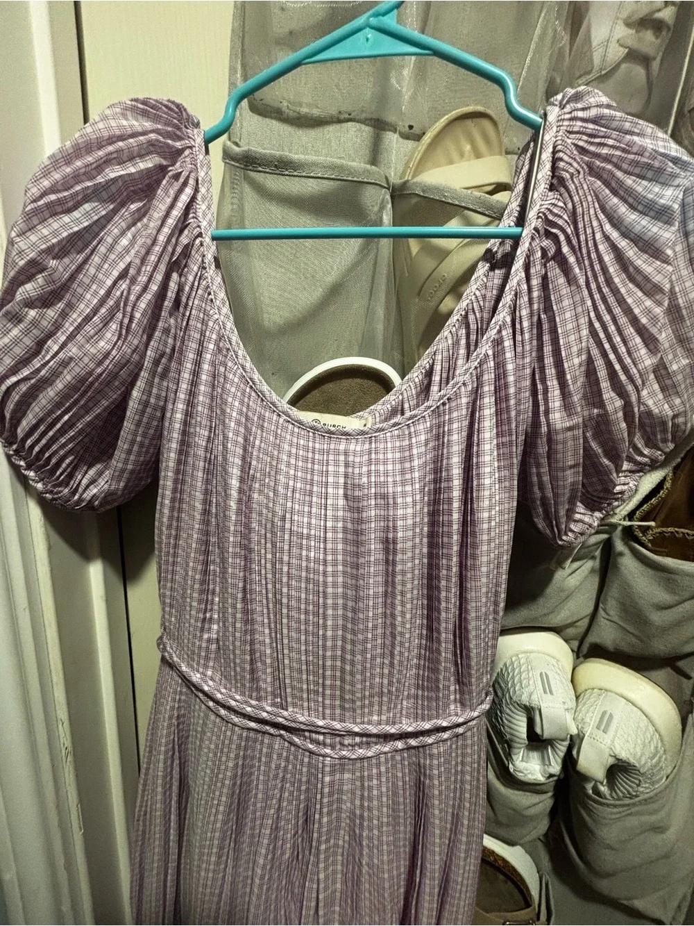 Tory Burch Lilac and White Gingham Puff Sleeve Dress